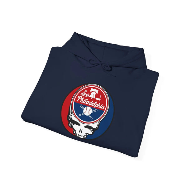 Navy blue hoodie folded, with circular Philadelphia team logo centered on chest