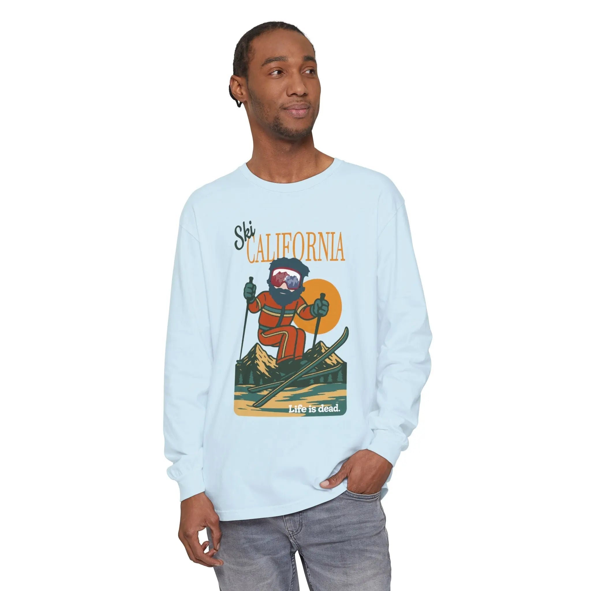 Garment-dyed long sleeve t-shirt with front illustrated graphic, light blue