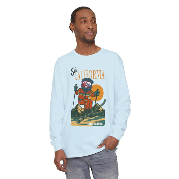 Garment-dyed long sleeve t-shirt with front illustrated graphic, light blue