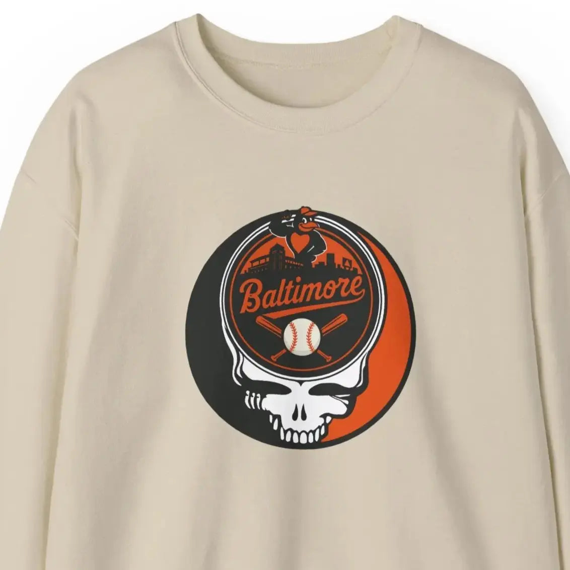 Baltimore Orioles crewneck sweatshirt in light beige with front skull logo graphic