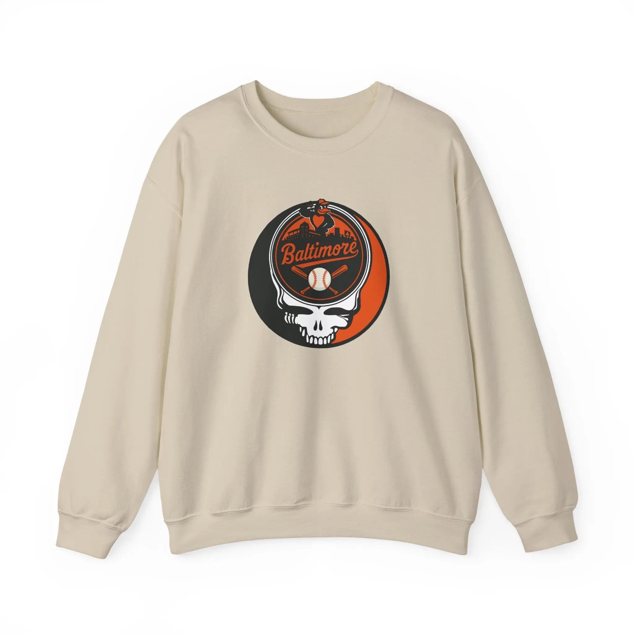 Baltimore Orioles crewneck sweatshirt in light tan, long sleeves, front skull logo graphic