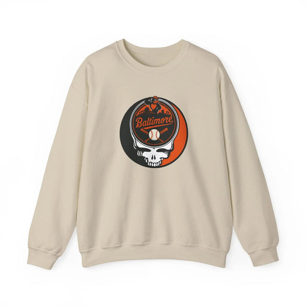 Baltimore Orioles crewneck sweatshirt in light tan, long sleeves, front skull logo graphic