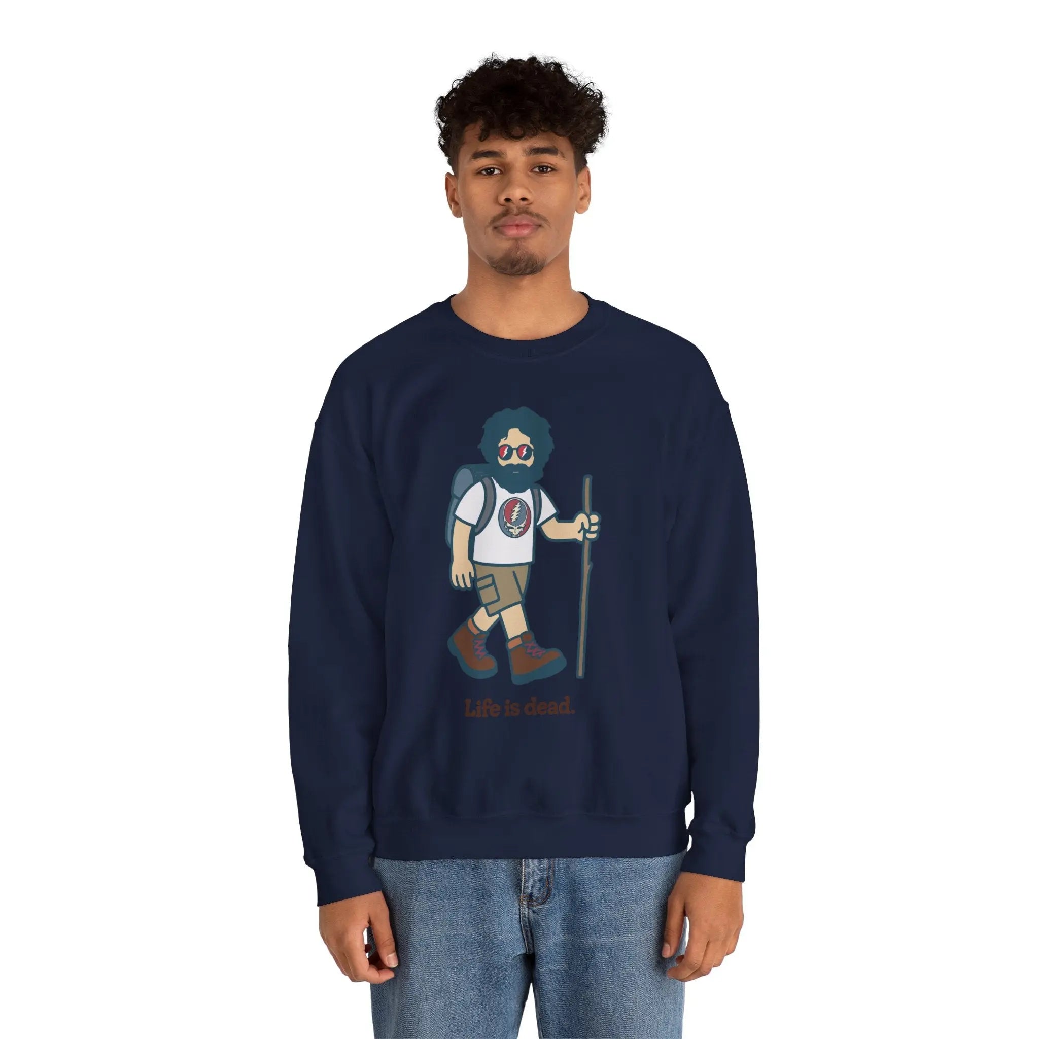 Navy crewneck sweatshirt with cartoon hiker graphic on front