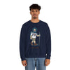 Navy crewneck sweatshirt with cartoon hiker graphic on front