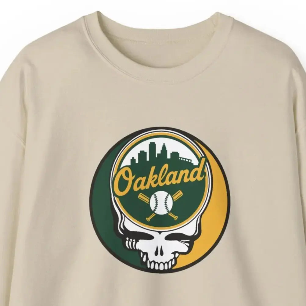 Sand crewneck sweatshirt with Oakland logo skull graphic on the chest