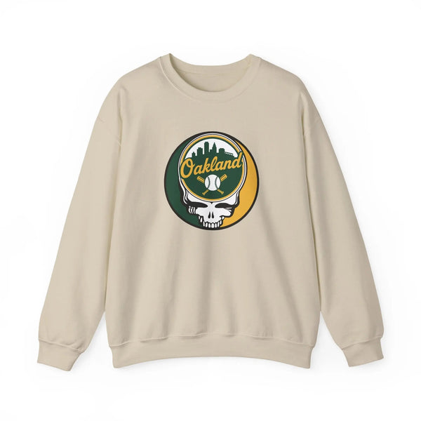 Sand crewneck sweatshirt, full front view with Oakland logo skull graphic