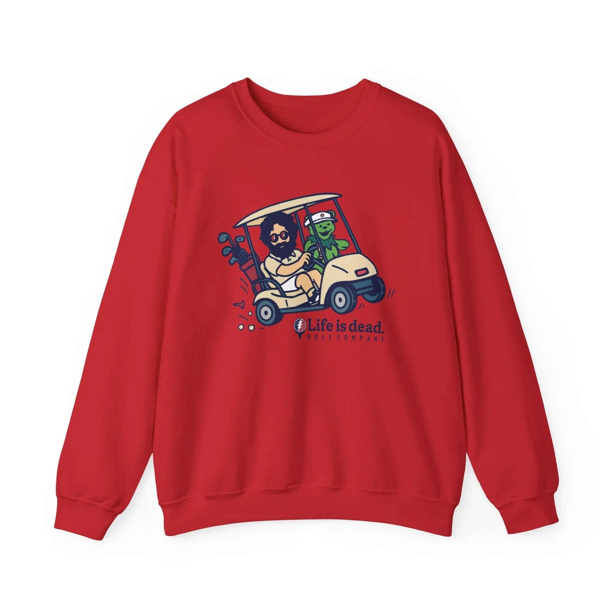 Red crewneck sweatshirt front view with cartoon car-and-characters graphic
