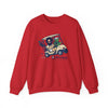Red crewneck sweatshirt front view with cartoon car-and-characters graphic