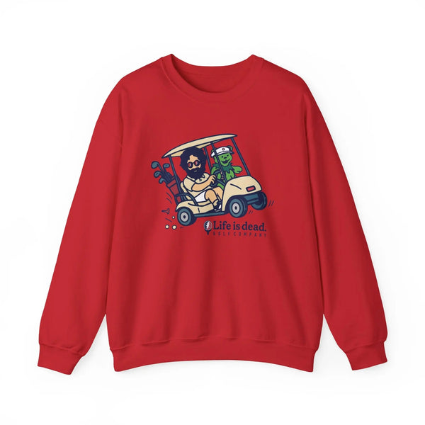 Red crewneck sweatshirt front view with cartoon car-and-characters graphic