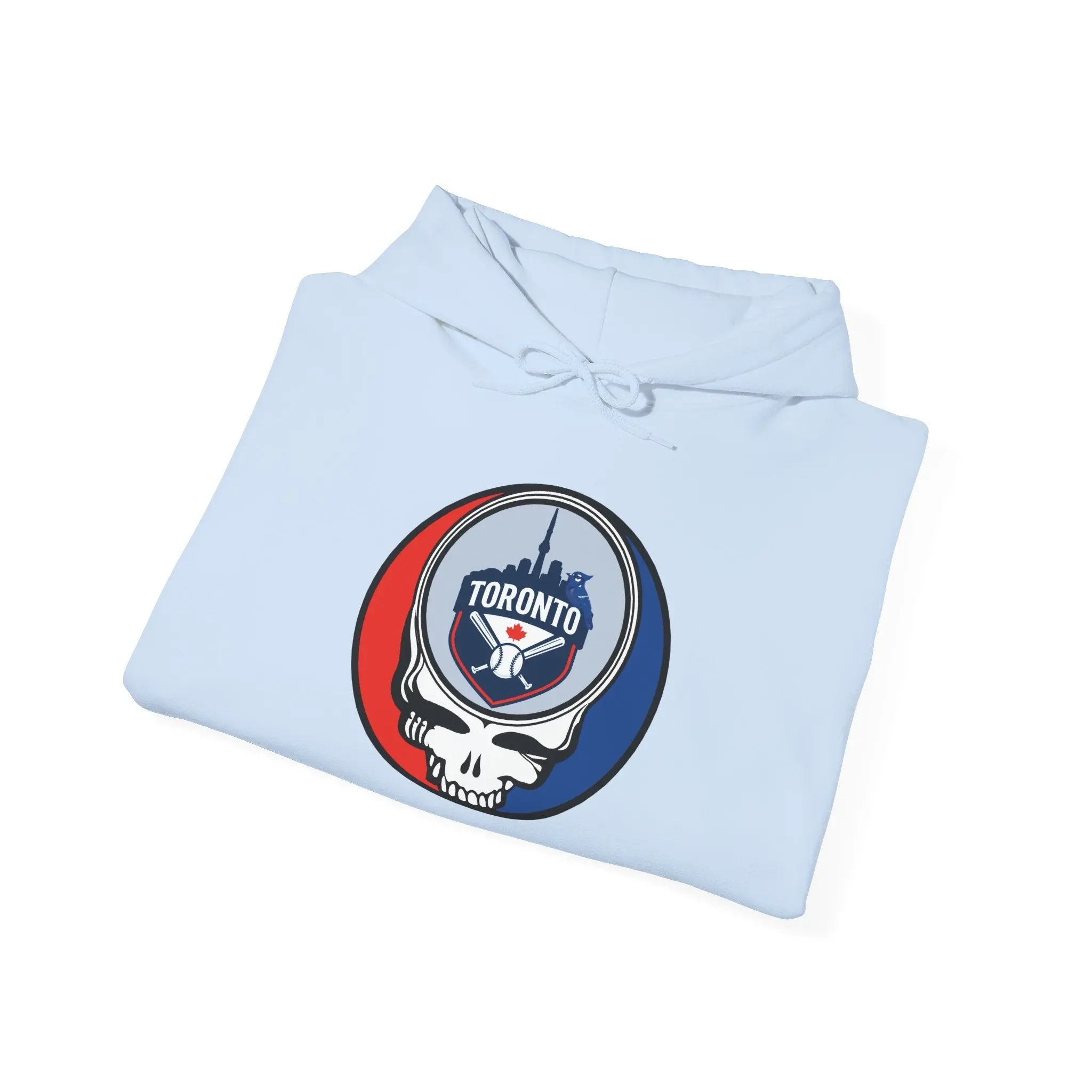 Light blue hoodie with stacked-fold look, drawstring hood, Toronto logo emblem