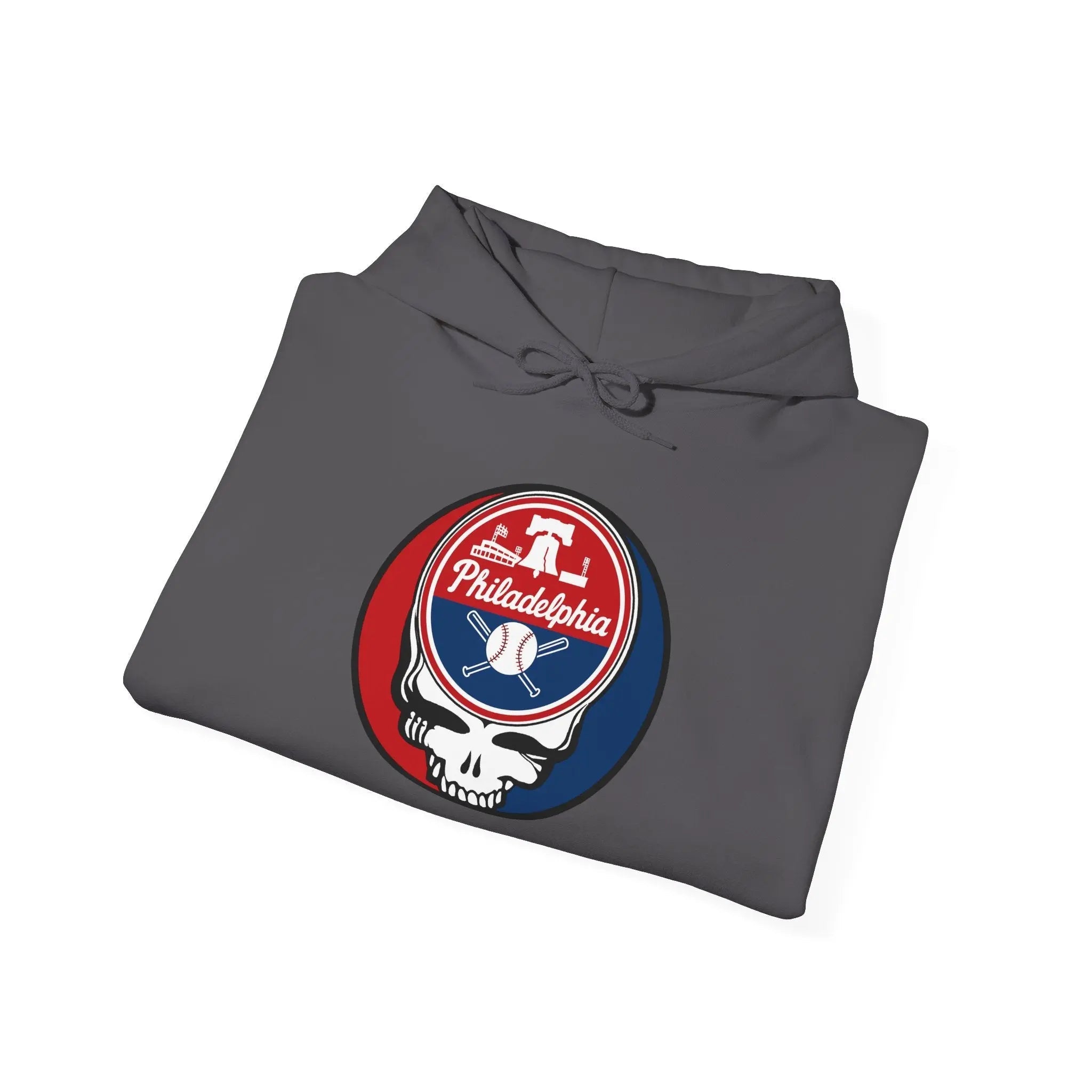 Dark gray hoodie folded, with circular Philadelphia team logo centered on chest