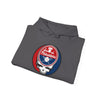 Dark gray hoodie folded, with circular Philadelphia team logo centered on chest