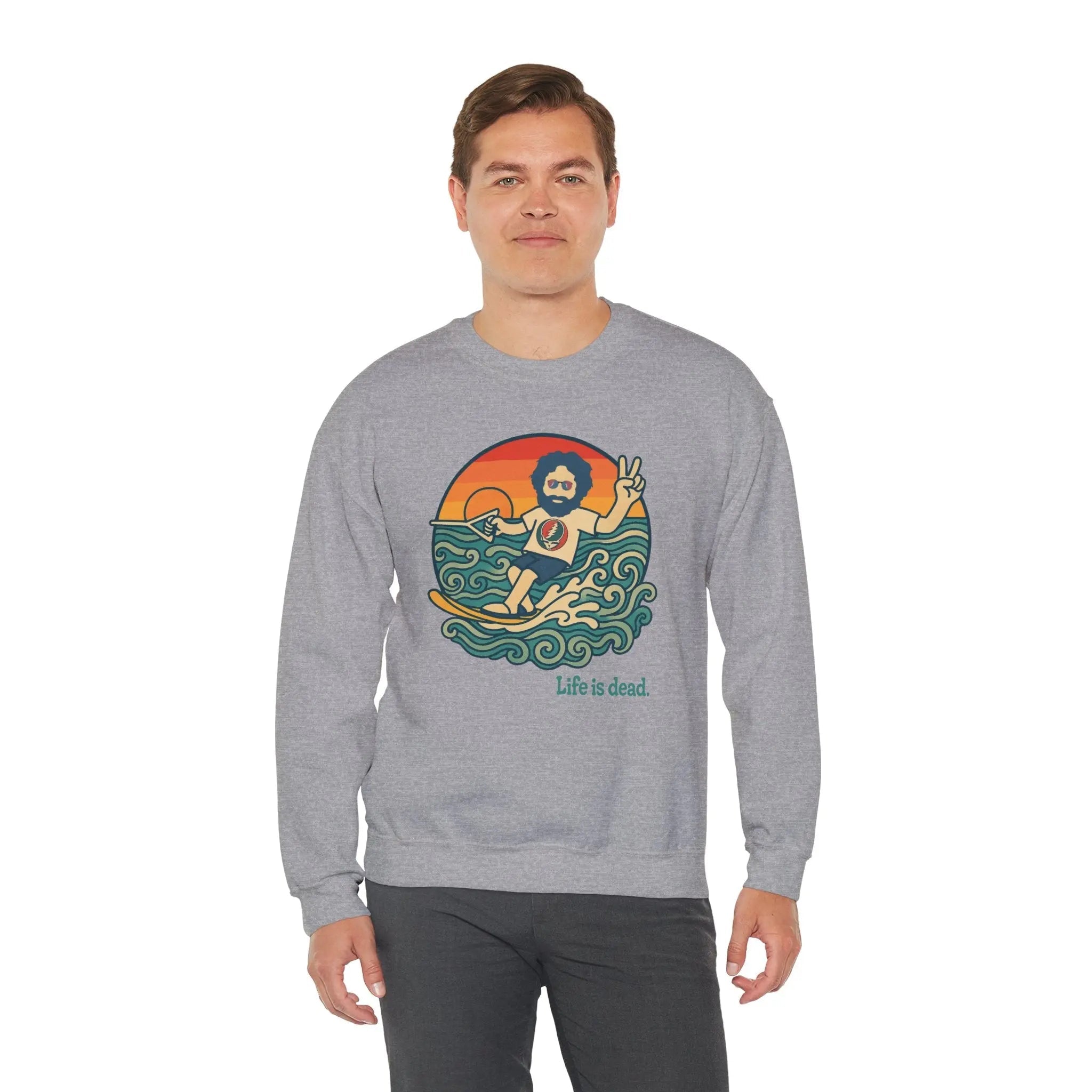 Sport grey crewneck sweatshirt with sea and figure graphic