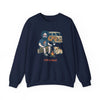 Navy crewneck sweatshirt front view with camping scene graphic and text on chest.
