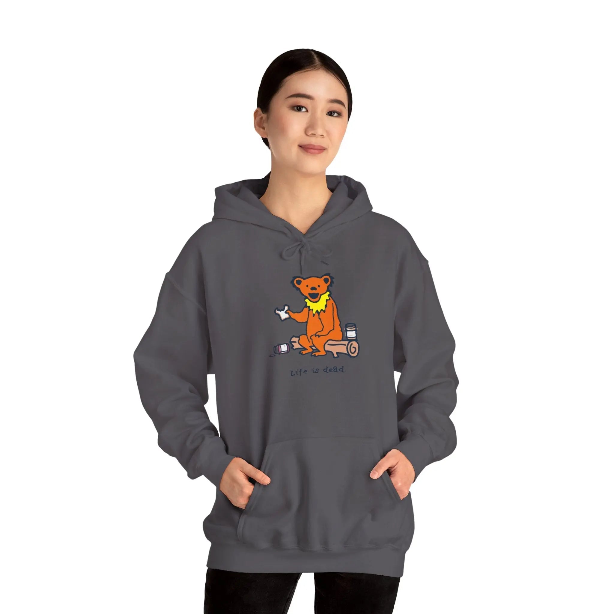 Charcoal bear graphic pullover hoodie with front pocket and drawstring hood