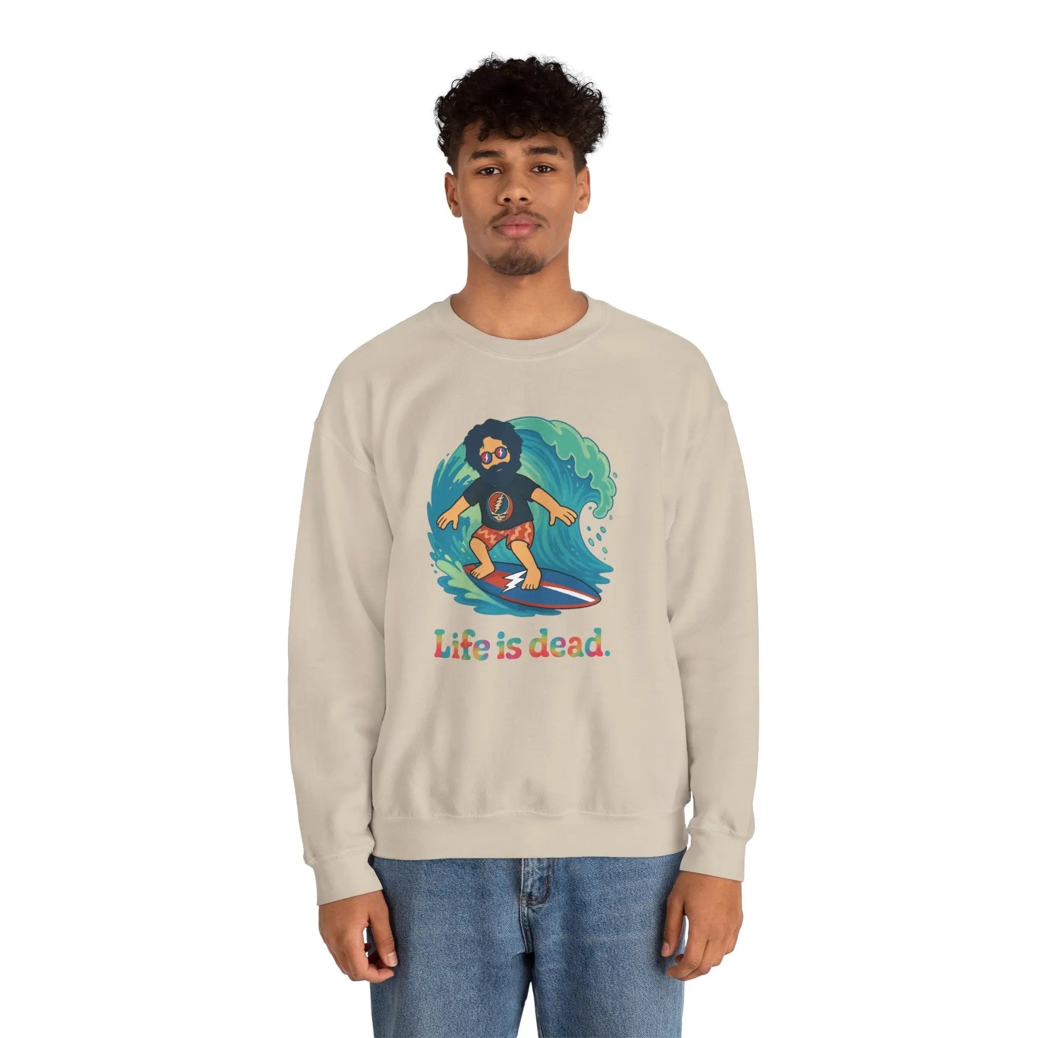 Beige crewneck sweatshirt with surfing character graphic and Life is dead. text