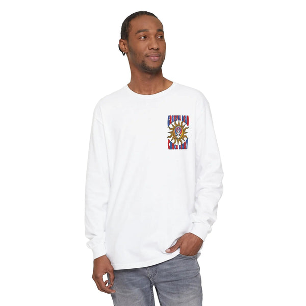 White long-sleeve T-shirt with small front festival skull emblem