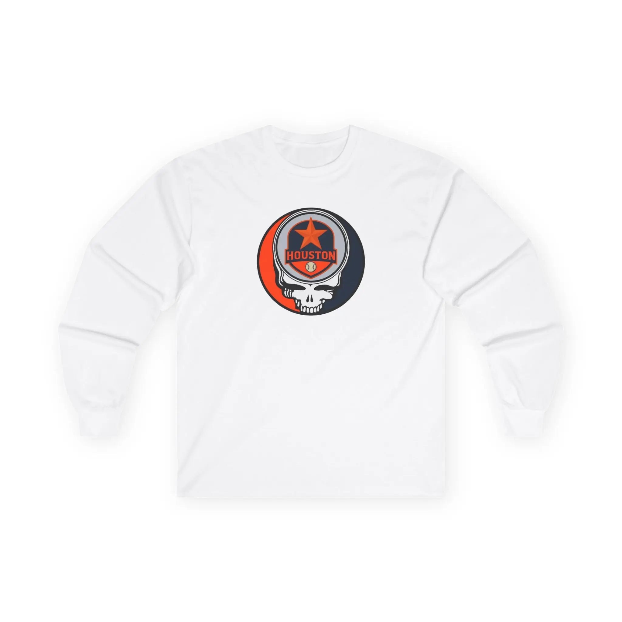 White Houston Astros long-sleeve T-shirt with chest Stealie-style skull logo