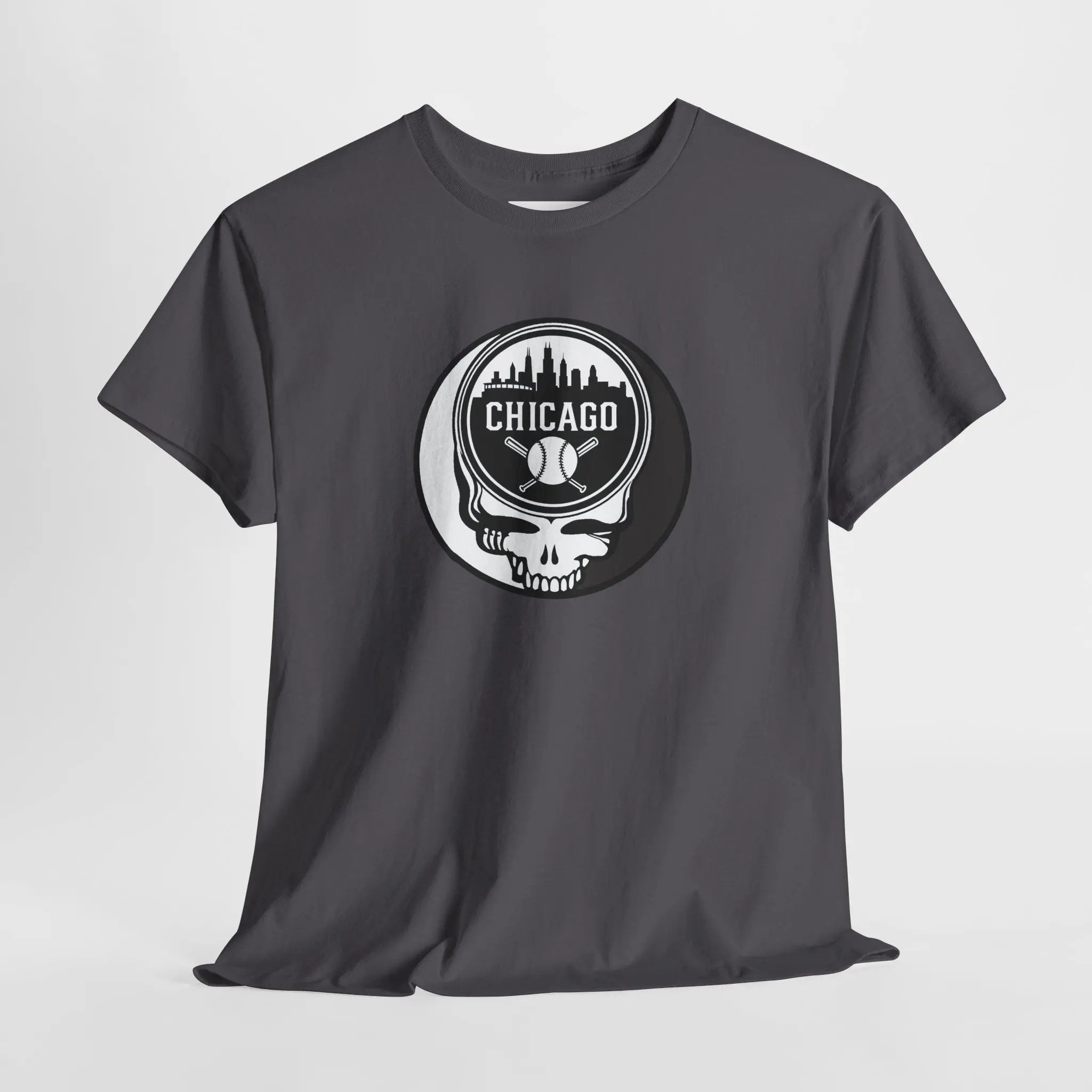 Dark charcoal t-shirt with centered Chicago circular Stealie skull logo