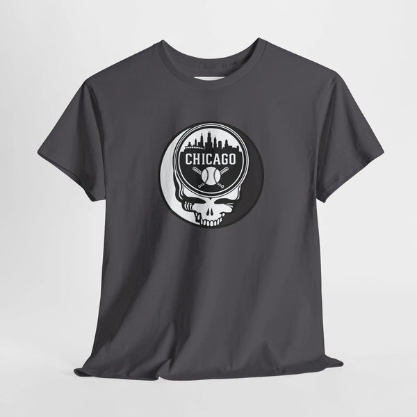 Dark charcoal t-shirt with centered Chicago circular Stealie skull logo
