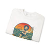 White crewneck sweatshirt, folded close-up, sea and figure graphic