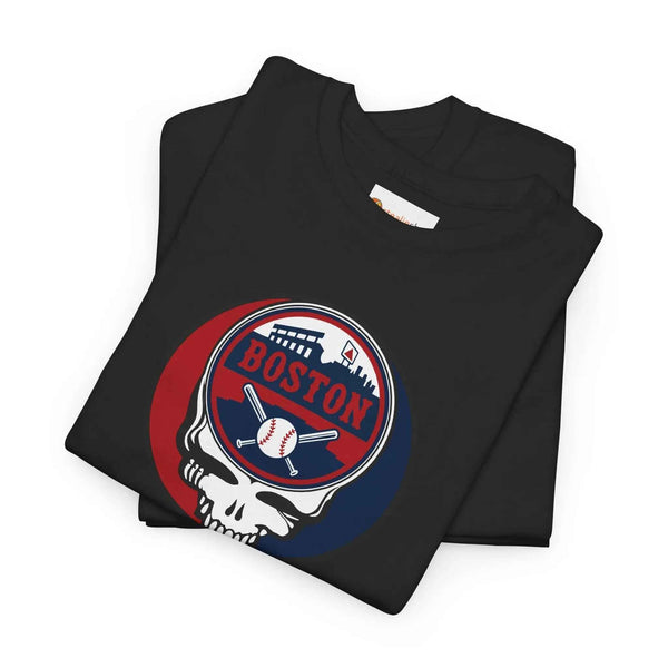Black crewneck T-shirt with circular Boston logo and skull graphic