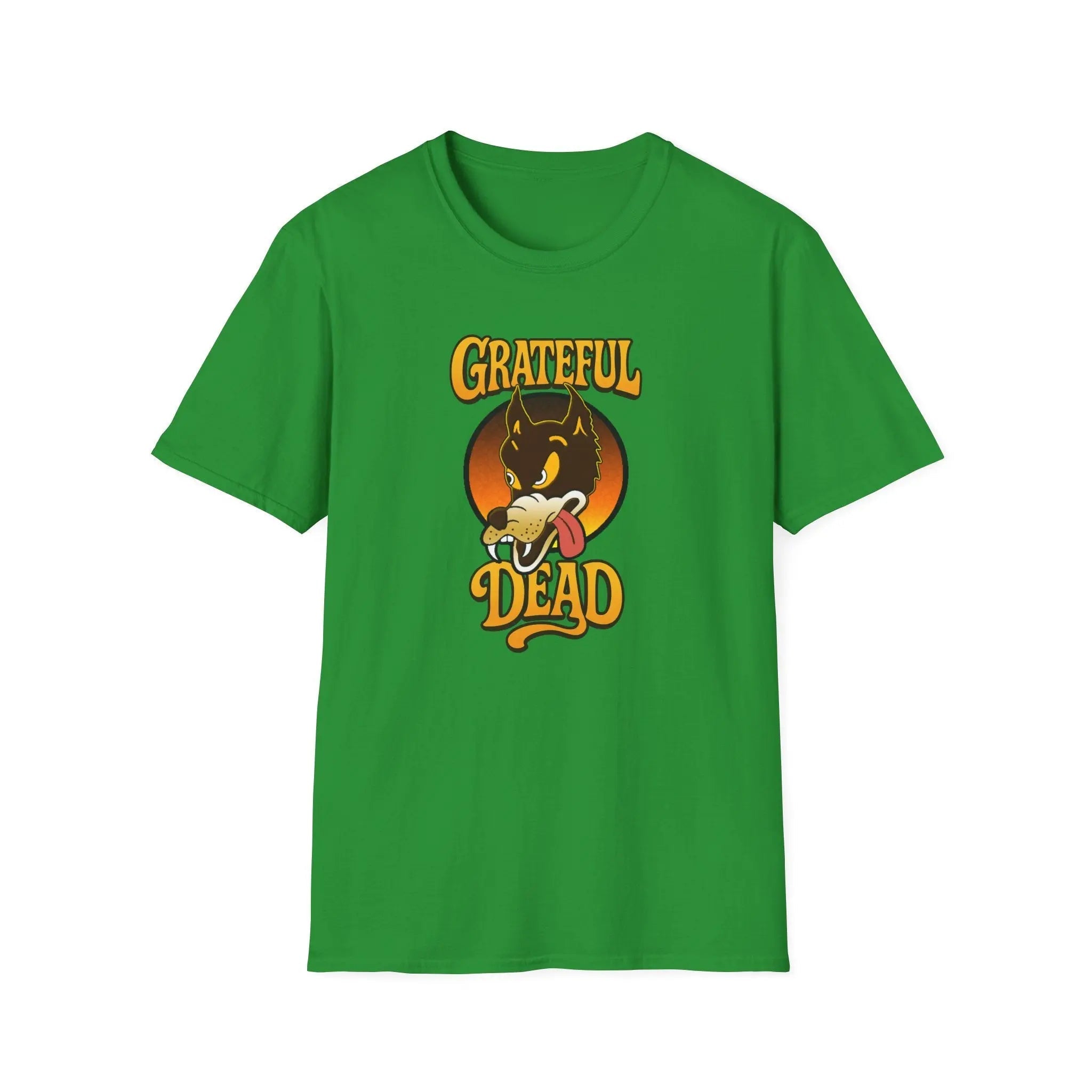 Bright green T-shirt with front graphic of wolf head and “Grateful Dead” lettering