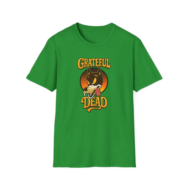 Bright green T-shirt with front graphic of wolf head and “Grateful Dead” lettering