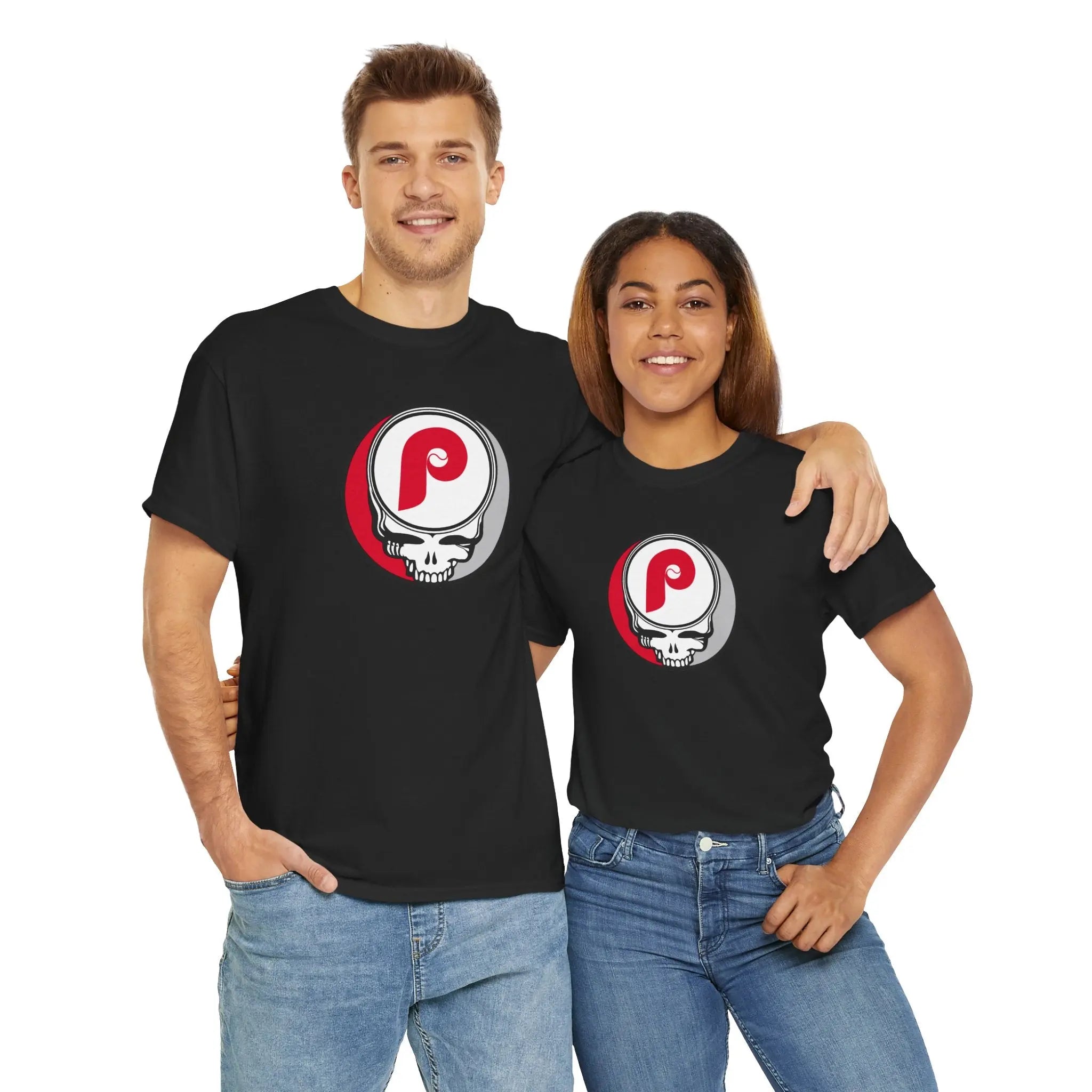 Black short-sleeve T-shirt with circular P skull team logo