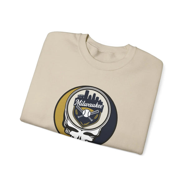 Sand crewneck sweatshirt with large circular Milwaukee skull logo graphic