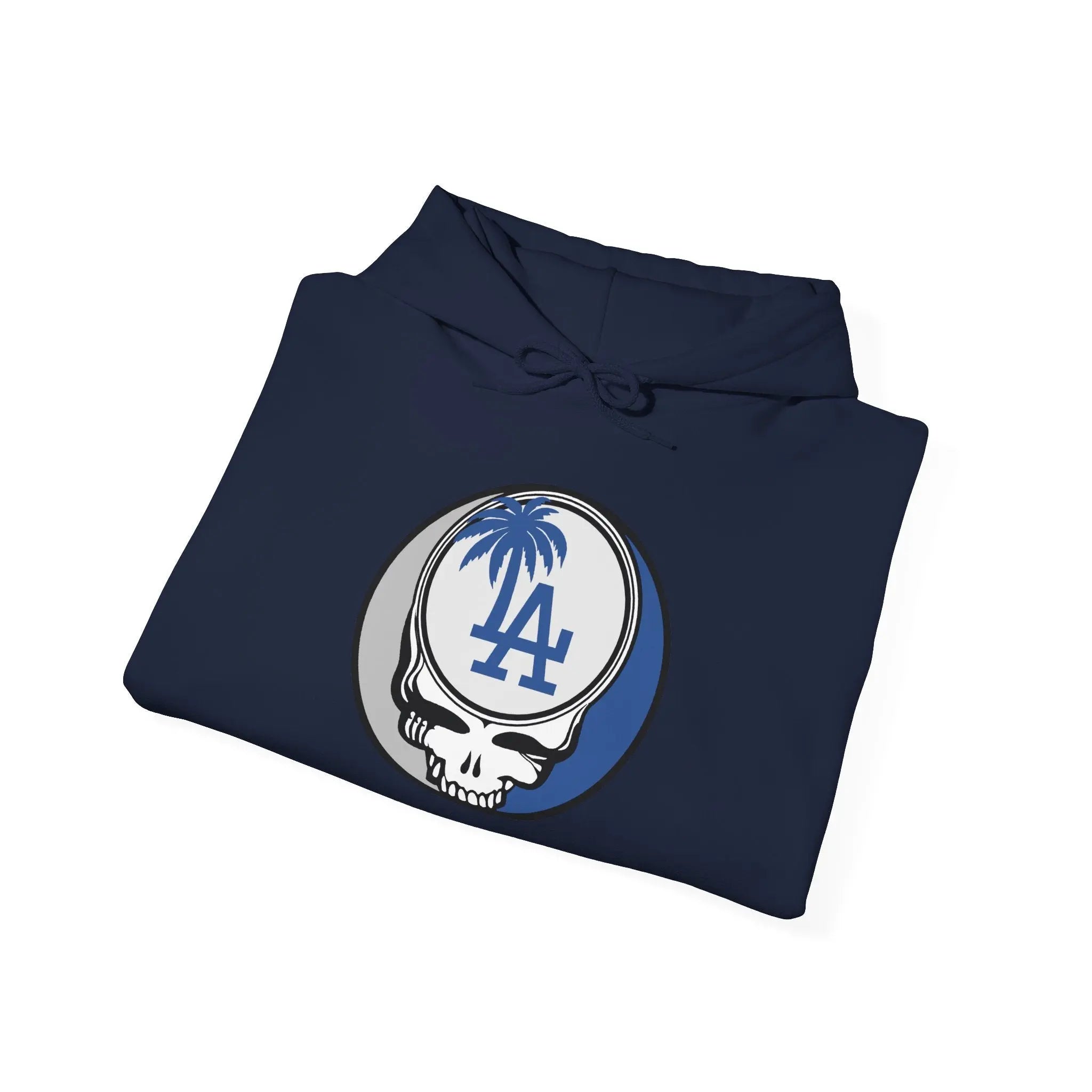 Los Angeles Dodgers navy hoodie, front LA Stealie logo, pullover with hood