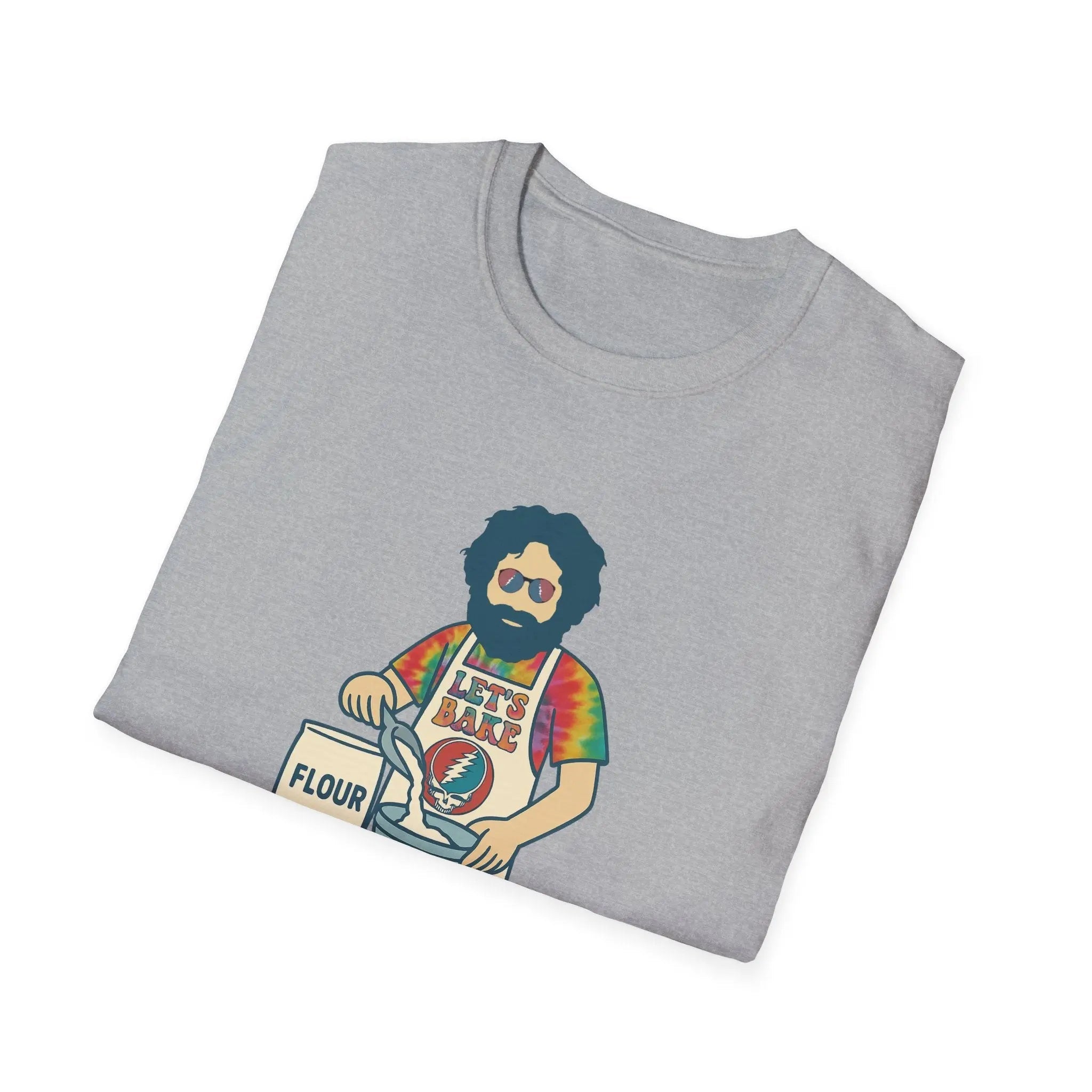Heather gray crew-neck graphic T-shirt with flour sack character artwork