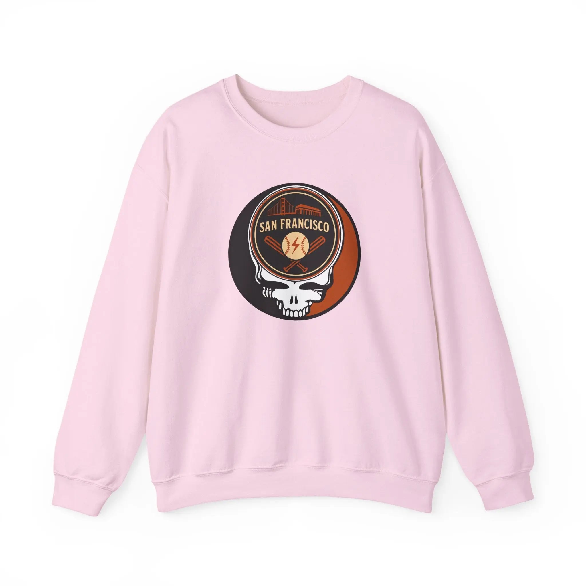 Light pink Giants crewneck sweatshirt with San Francisco Stealie-style logo