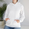 White pullover hoodie with drawstring hood and front pouch pocket