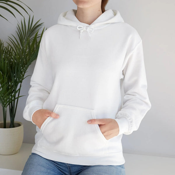 White pullover hoodie with drawstring hood and front pouch pocket