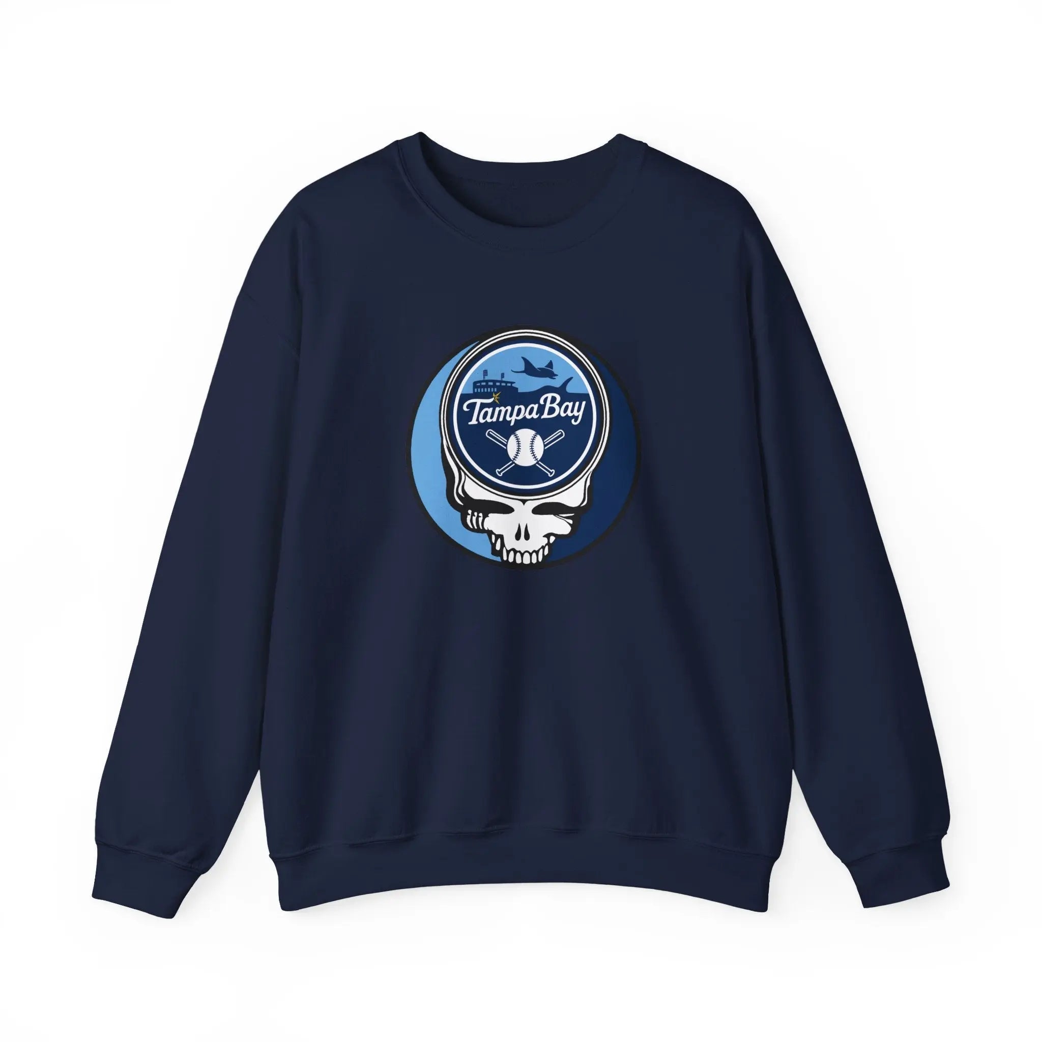 Navy crewneck sweatshirt with circular Tampa Bay Rays Stealie logo