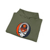 Folded olive green Astros hoodie with front circular graphic logo and hood drawstring