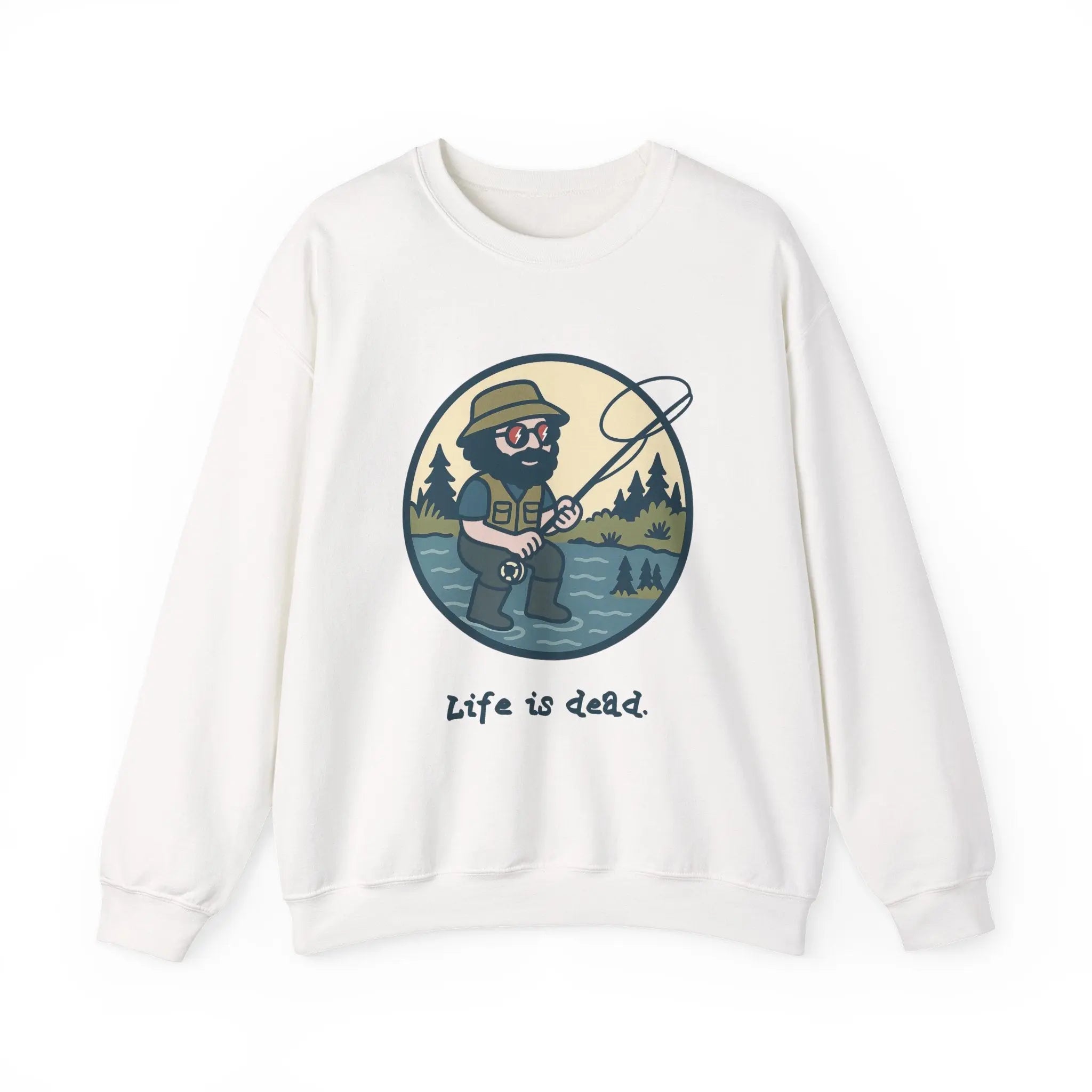 White crewneck sweatshirt with chest fishing graphic and 'Life is dead.'