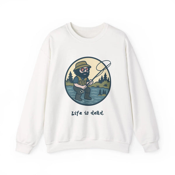 White crewneck sweatshirt with chest fishing graphic and 'Life is dead.'