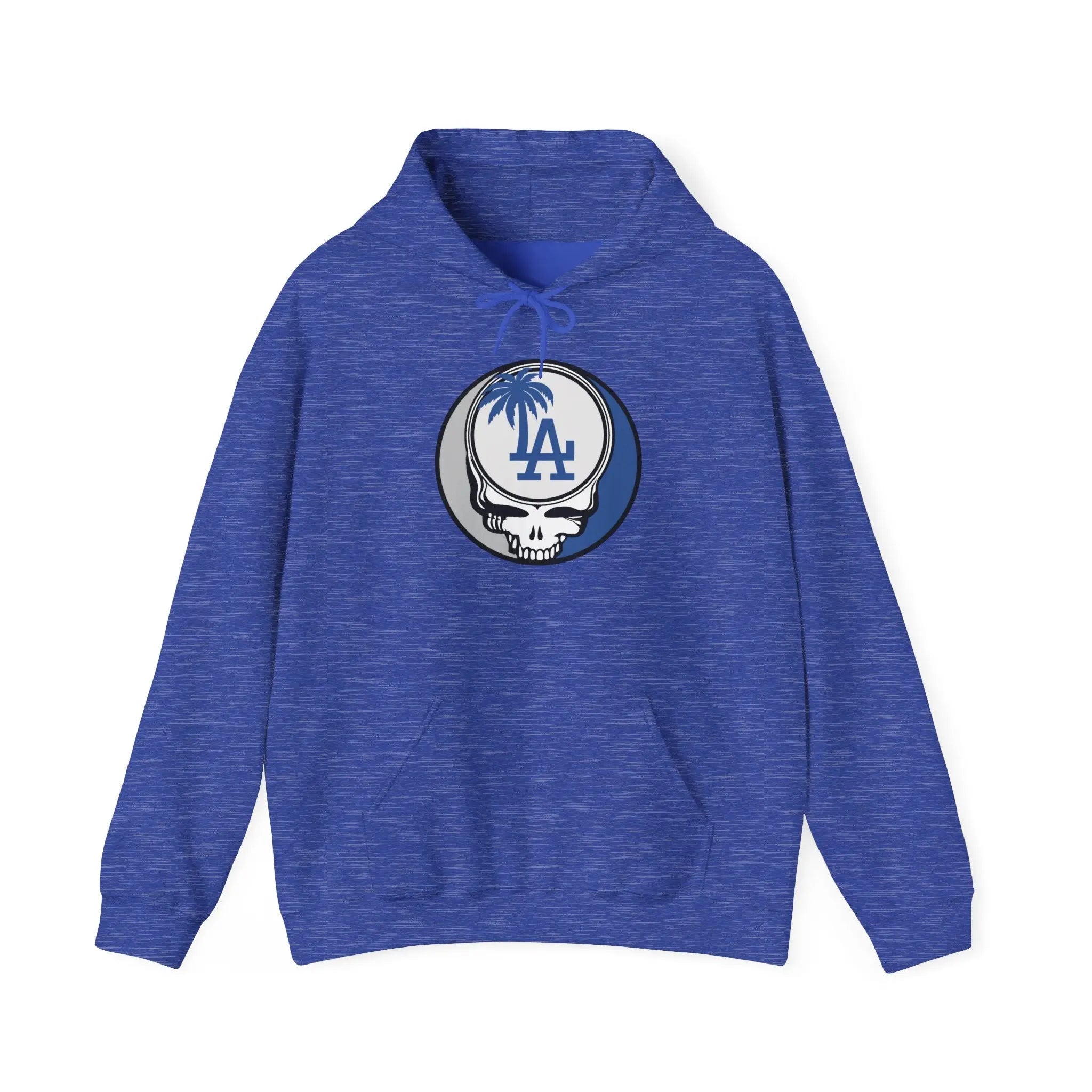 Los Angeles Dodgers blue heather hoodie, front LA Stealie logo, pullover with hood