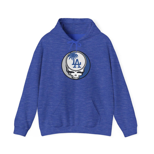 Los Angeles Dodgers blue heather hoodie, front LA Stealie logo, pullover with hood