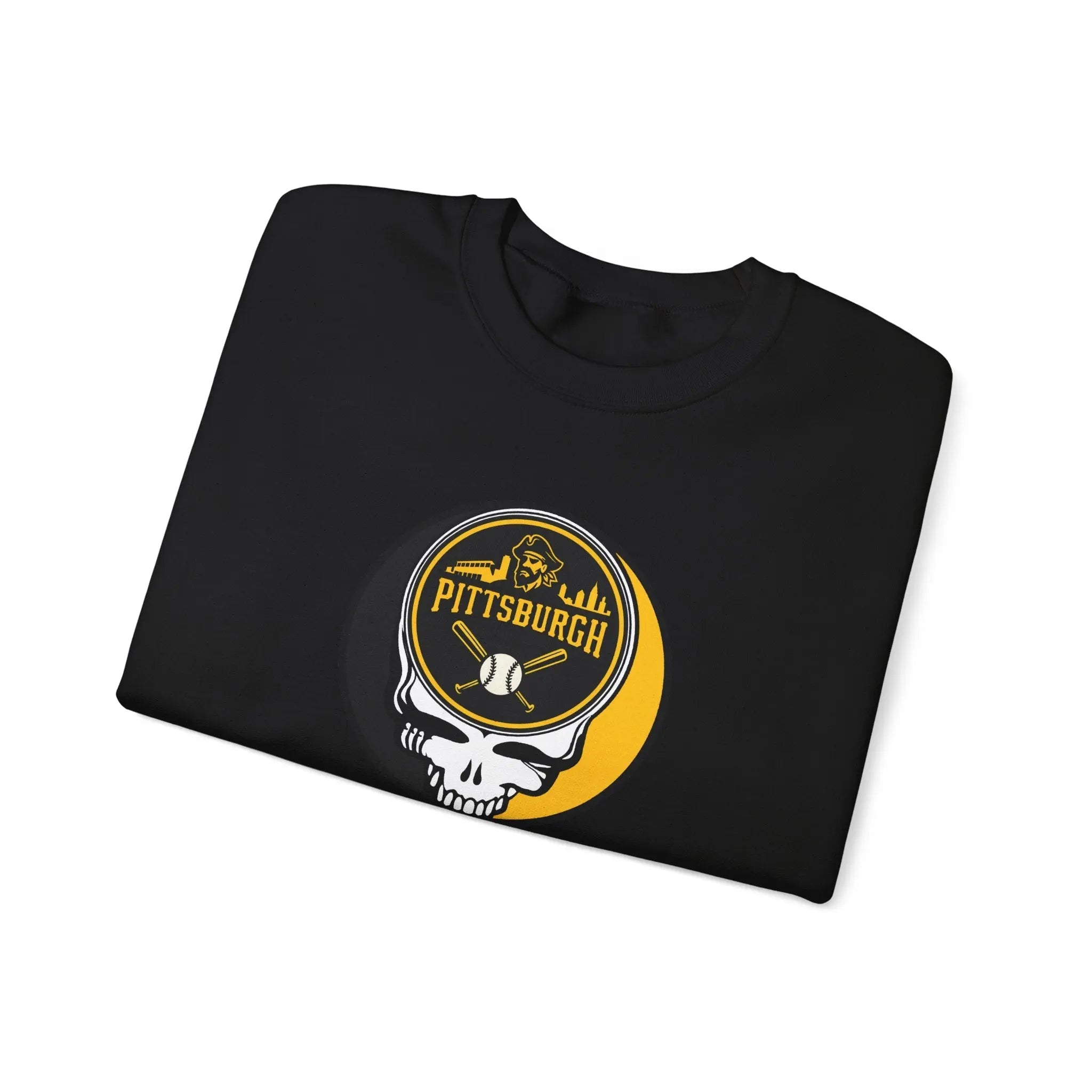 Black crewneck sweatshirt with Pittsburgh Pirates Stealie graphic logo