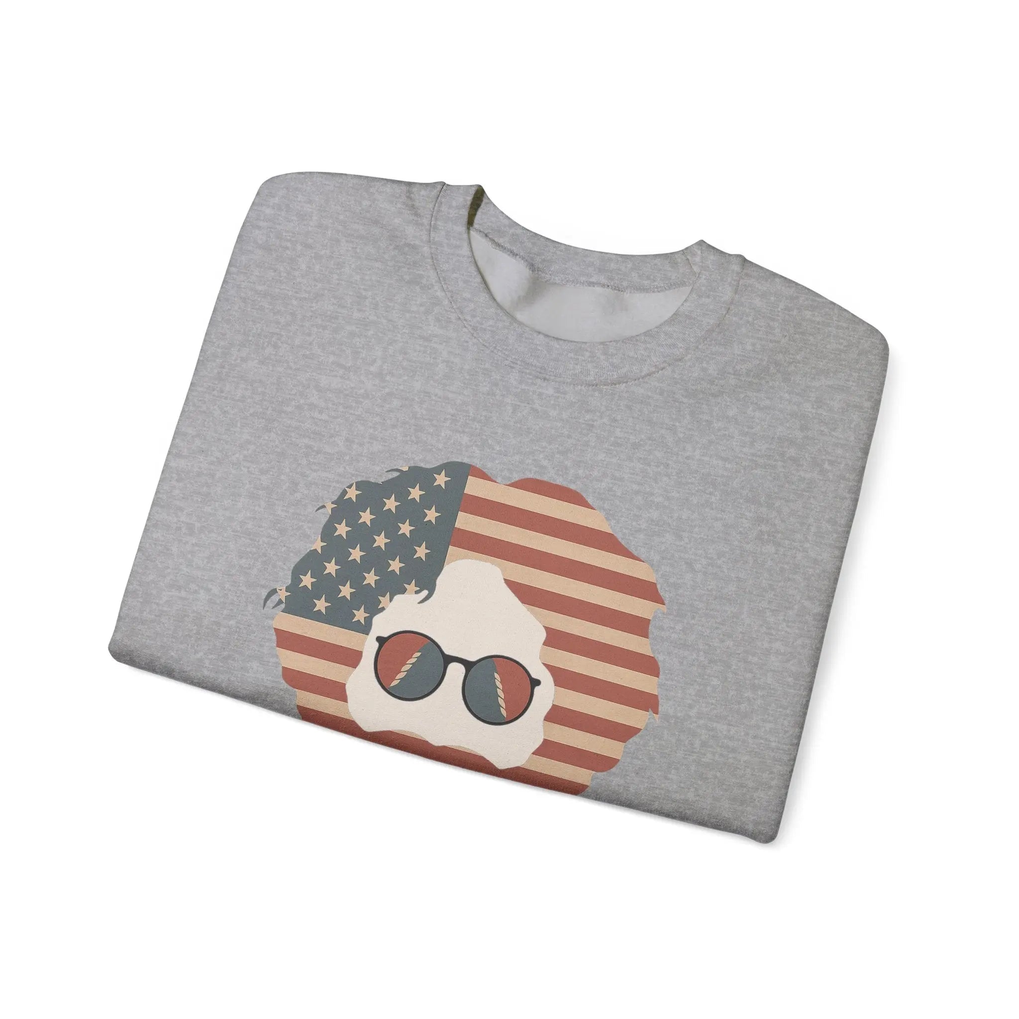 Sport gray crewneck sweatshirt with American flag face graphic and sunglasses, folded