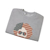 Sport gray crewneck sweatshirt with American flag face graphic and sunglasses, folded