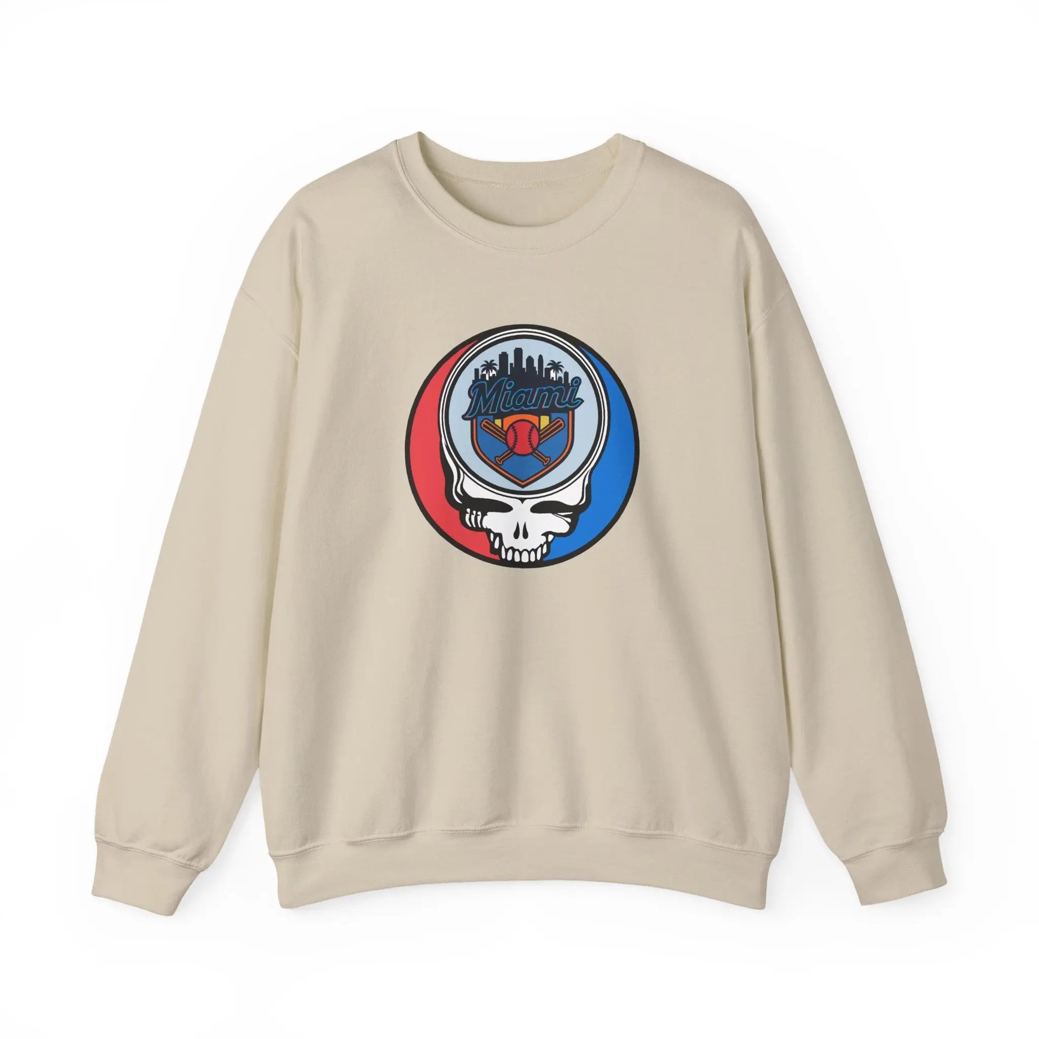 Sand beige crewneck sweatshirt with Miami Marlins skull logo graphic on chest