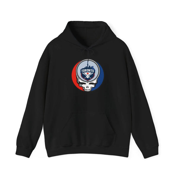 Black Toronto Blue Jays pullover hoodie with hood, drawstring, and front logo
