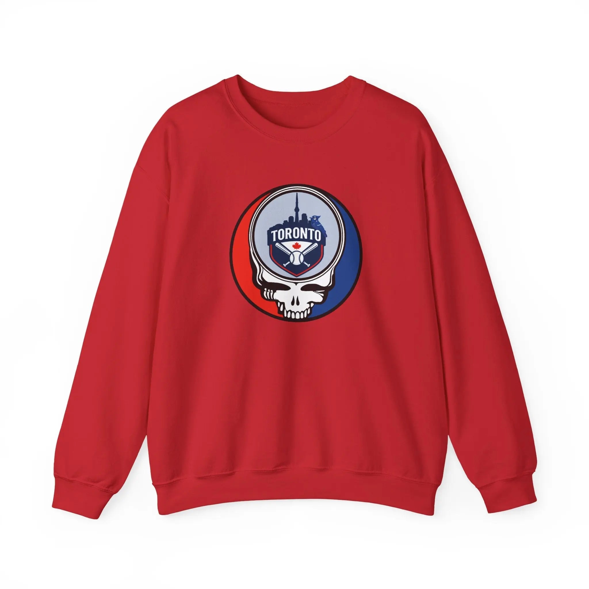Red crewneck sweatshirt with Toronto logo skull graphic on the chest