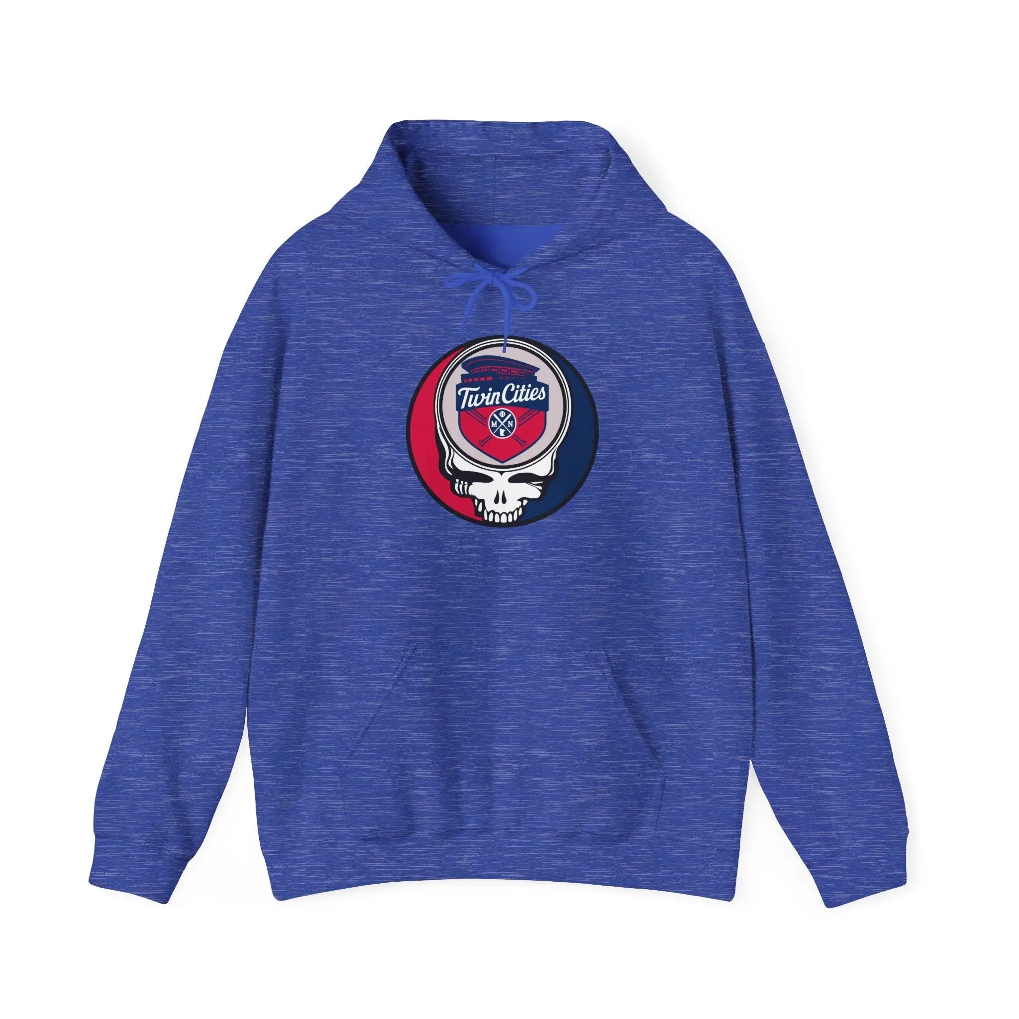 Navy pullover hoodie with hood, drawstring, front pocket, Twin Cities logo patch
