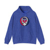 Navy pullover hoodie with hood, drawstring, front pocket, Twin Cities logo patch