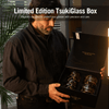 Open black gift box with shaped compartments for crystal whisky glasses